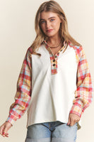 J.NNA Plaid Contrast Button Down Henley Top