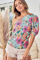 BiBi Floral Puff Sleeve One Shoulder Top