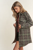 J.NNA Snap Down Tweed Plaid Contrast  Longline Shacket