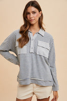 Annie Wear Striped Button Detail Long Sleeve Polo Top