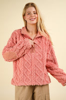 VERY J Fuzzy Fleece Half Zip Cable Pattern Sweatshirt