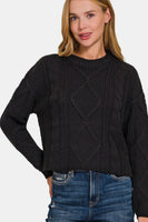 Zenana Cropped High Low Cable Sweater with Side Slits