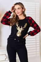 Heimish Full Size Sequin Reindeer Graphic Plaid Top